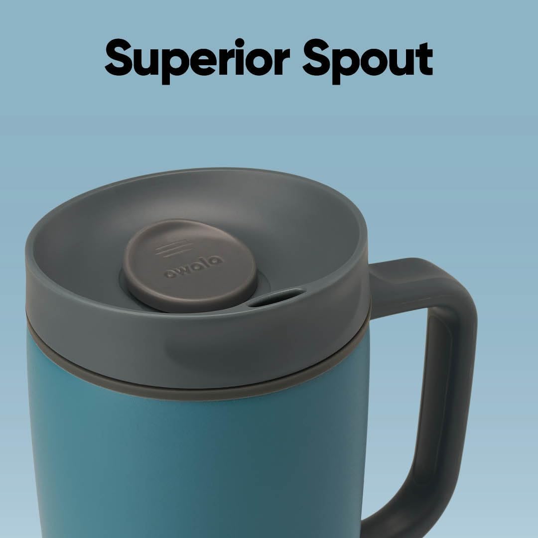 SmoothSip Slider Insulated Stainless Steel Coffee Tumbler, Reusable Iced Coffee Cup, Hot Coffee Travel Mug, BPA Free 20 oz, Grey/Blue (High Dive)