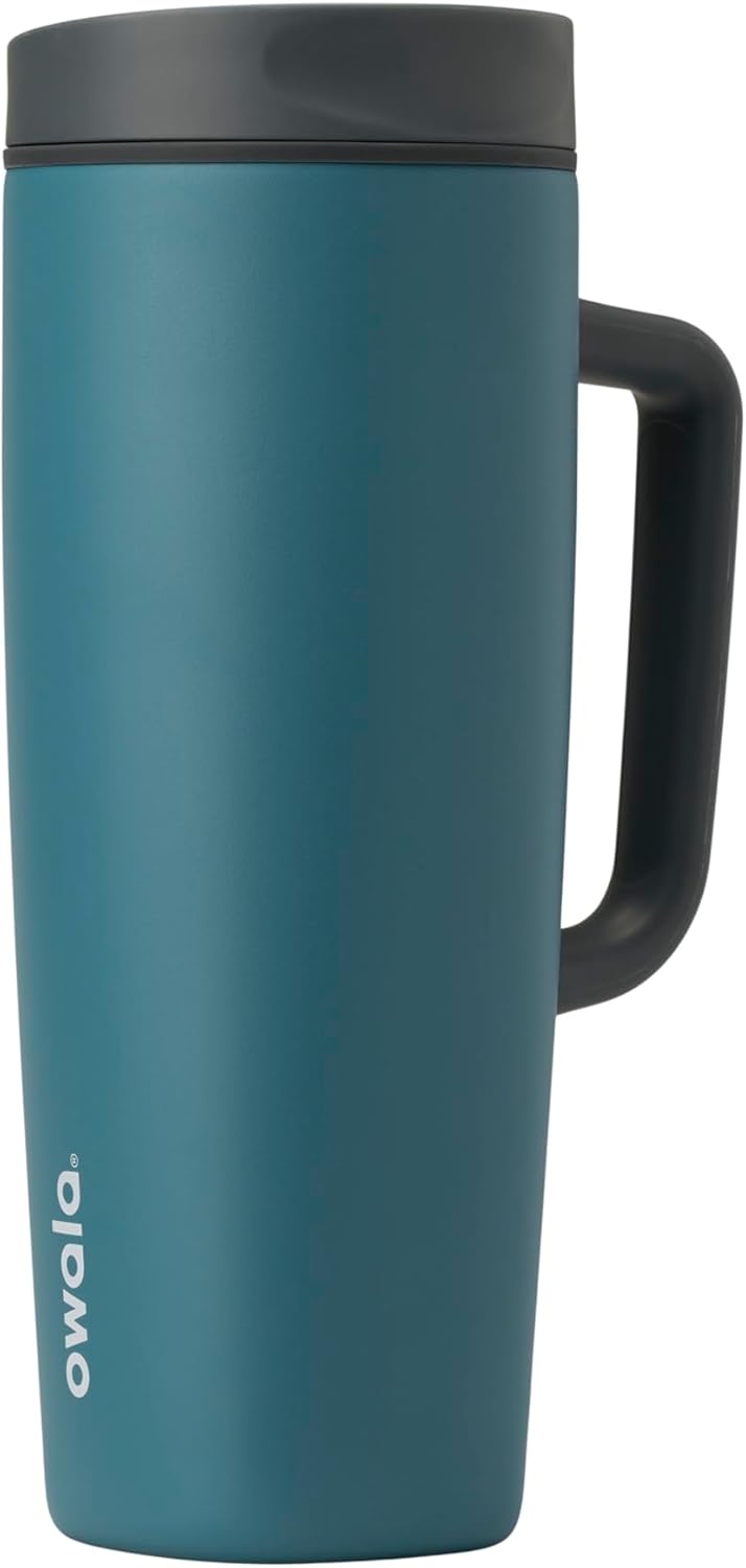 SmoothSip Slider Insulated Stainless Steel Coffee Tumbler, Reusable Iced Coffee Cup, Hot Coffee Travel Mug, BPA Free 20 oz, Grey/Blue (High Dive)