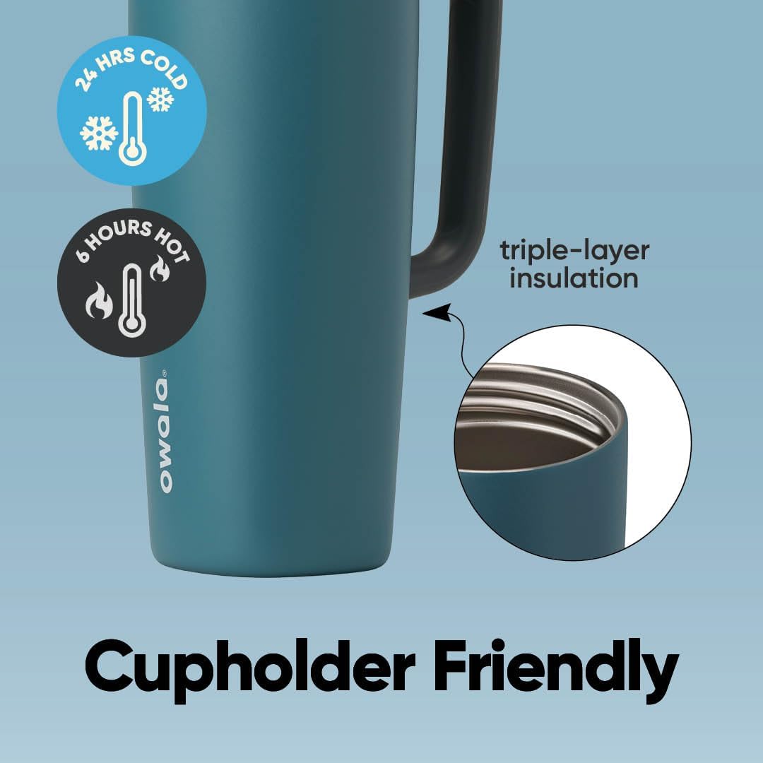 SmoothSip Slider Insulated Stainless Steel Coffee Tumbler, Reusable Iced Coffee Cup, Hot Coffee Travel Mug, BPA Free 20 oz, Grey/Blue (High Dive)