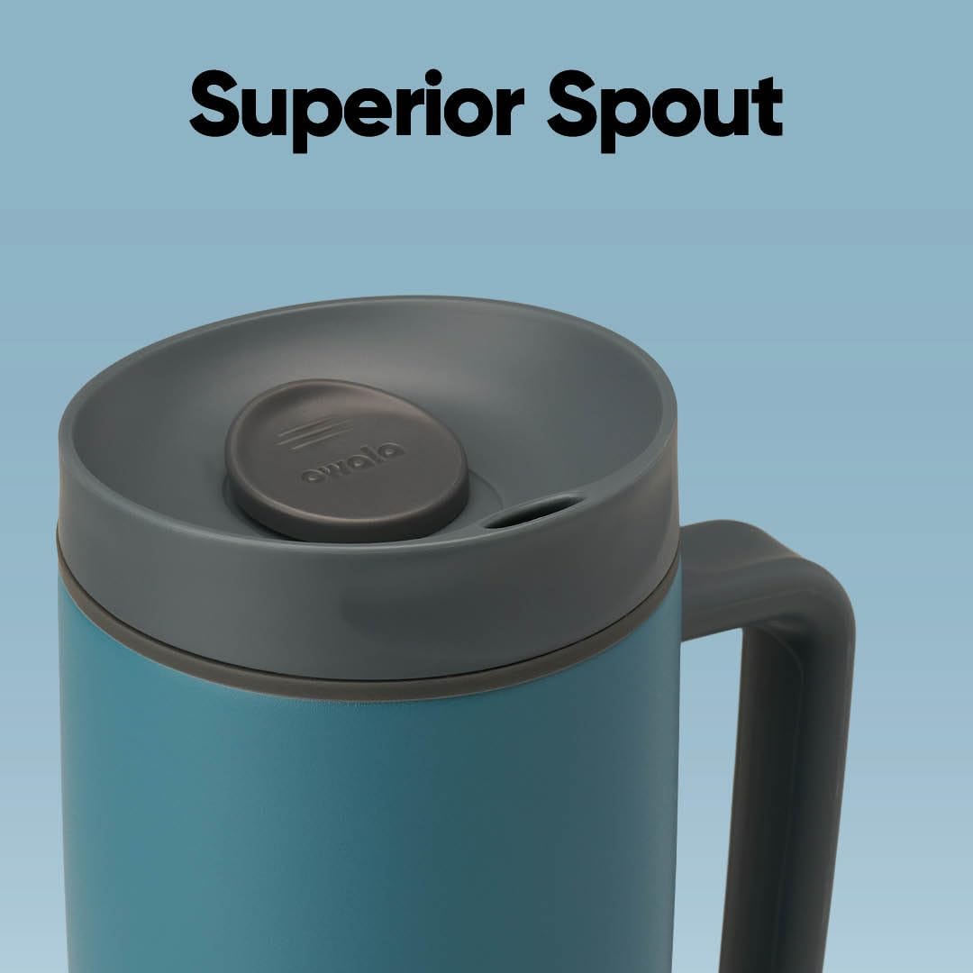 SmoothSip Slider Insulated Stainless Steel Coffee Tumbler, Reusable Iced Coffee Cup, Hot Coffee Travel Mug, BPA Free 20 oz, Grey/Blue (High Dive)