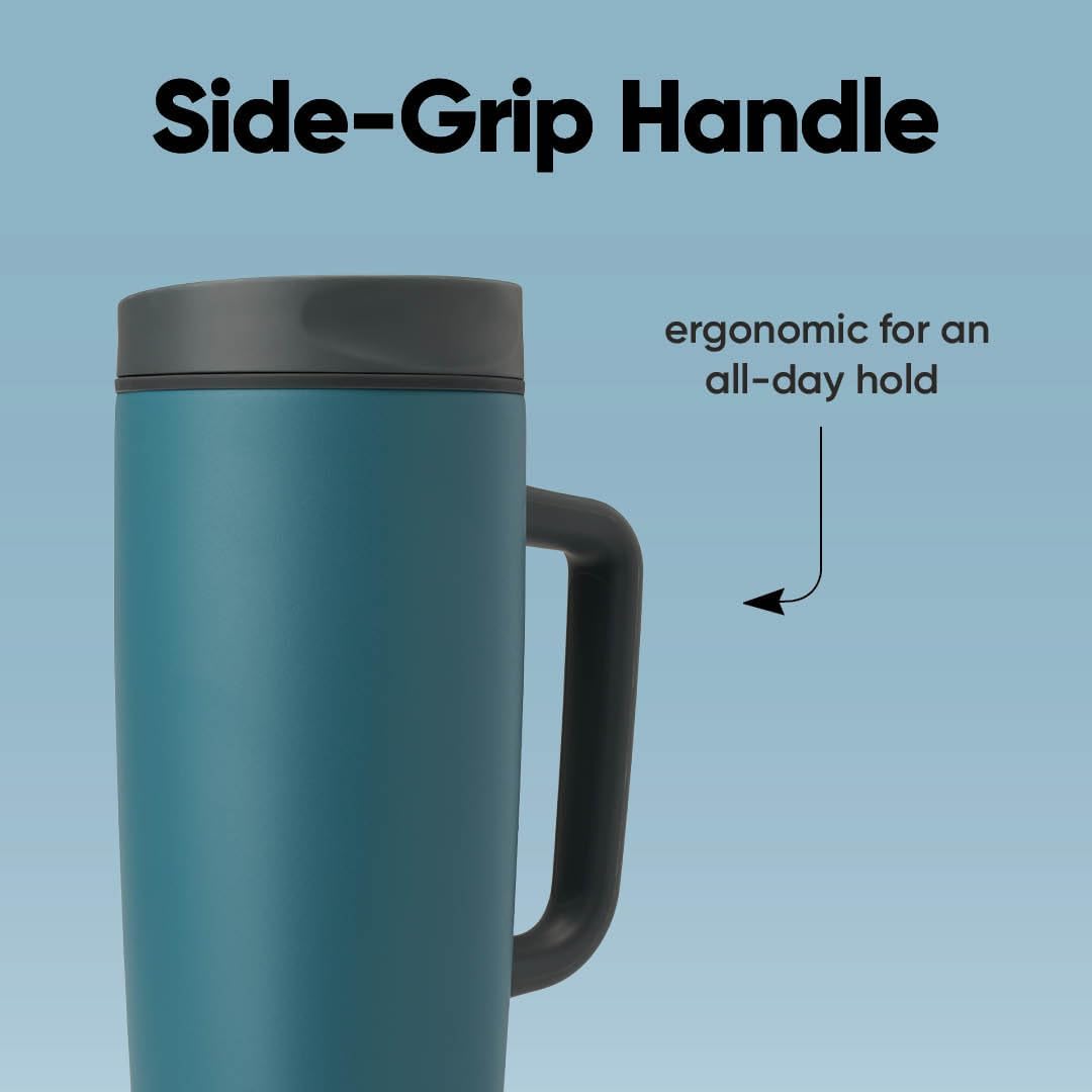 SmoothSip Slider Insulated Stainless Steel Coffee Tumbler, Reusable Iced Coffee Cup, Hot Coffee Travel Mug, BPA Free 20 oz, Grey/Blue (High Dive)