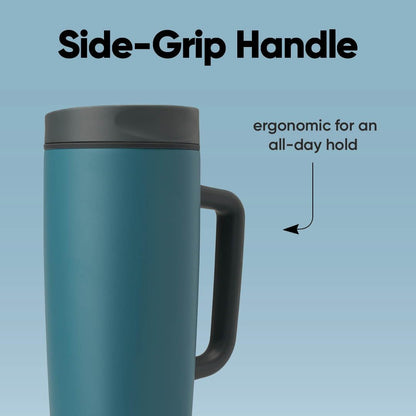 SmoothSip Slider Insulated Stainless Steel Coffee Tumbler, Reusable Iced Coffee Cup, Hot Coffee Travel Mug, BPA Free 20 oz, Grey/Blue (High Dive)