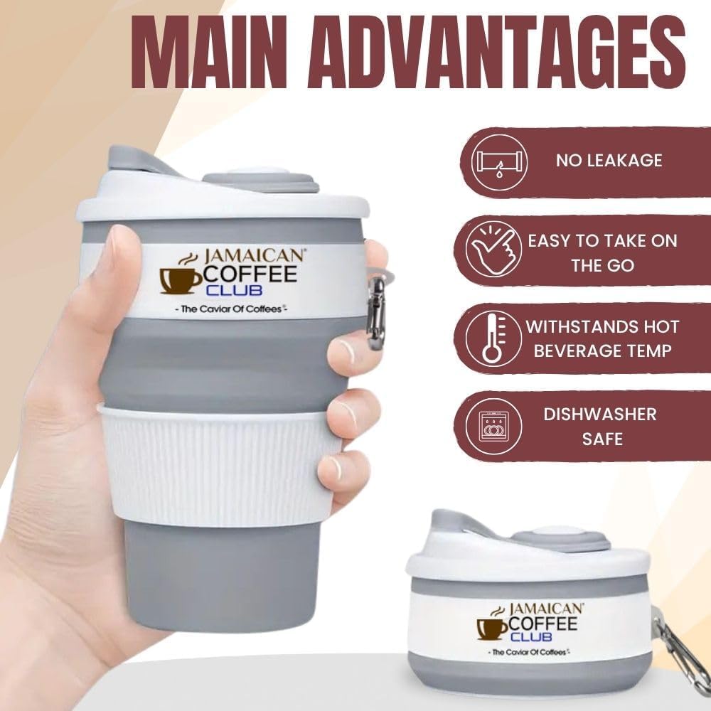 350 ml Collapsible Silicone Coffee Cup with Lid-Straw & Carabiner Clip-Foldable Reusable Travel Mug for Camping-Hiking, Backpacking-Office-Commuting & Everyday Use