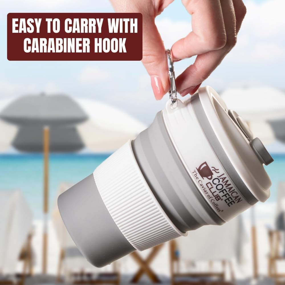 350 ml Collapsible Silicone Coffee Cup with Lid-Straw & Carabiner Clip-Foldable Reusable Travel Mug for Camping-Hiking, Backpacking-Office-Commuting & Everyday Use