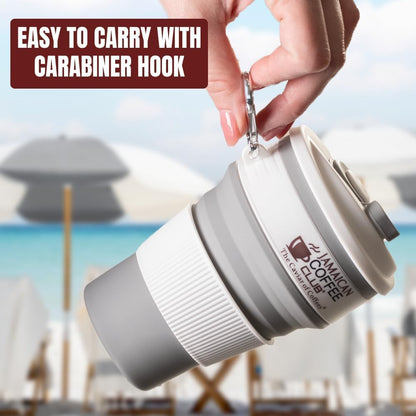 350 ml Collapsible Silicone Coffee Cup with Lid-Straw & Carabiner Clip-Foldable Reusable Travel Mug for Camping-Hiking, Backpacking-Office-Commuting & Everyday Use