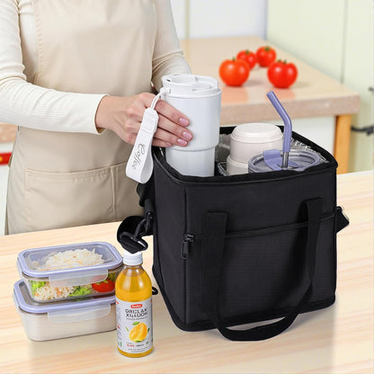 4 Cup Drink Carrier with Handle 8.94" L x 8.27" W x 9.49" H, Black | Insulated Anti-Tip Bottle Caddy, Cup Holder with Adjustable Sividers & Shoulder Strap, for Delivery, Car and Travel