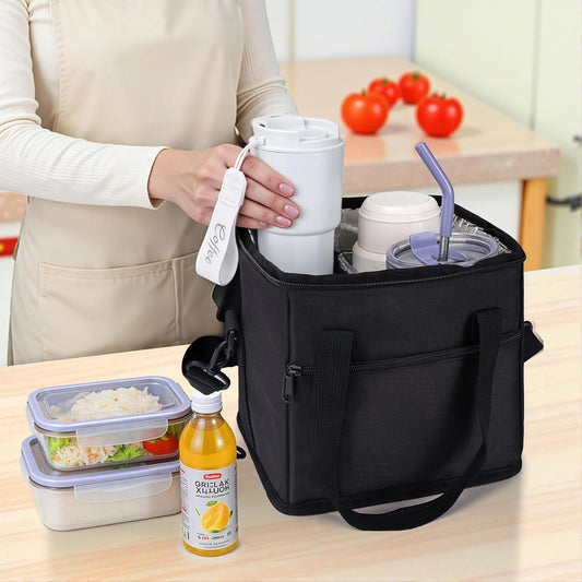 4 Cup Drink Carrier with Handle 8.94" L x 8.27" W x 9.49" H, Black | Insulated Anti-Tip Bottle Caddy, Cup Holder with Adjustable Sividers & Shoulder Strap, for Delivery, Car and Travel