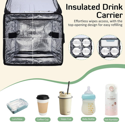 4 Cup Drink Carrier with Handle 8.94" L x 8.27" W x 9.49" H, Black | Insulated Anti-Tip Bottle Caddy, Cup Holder with Adjustable Sividers & Shoulder Strap, for Delivery, Car and Travel