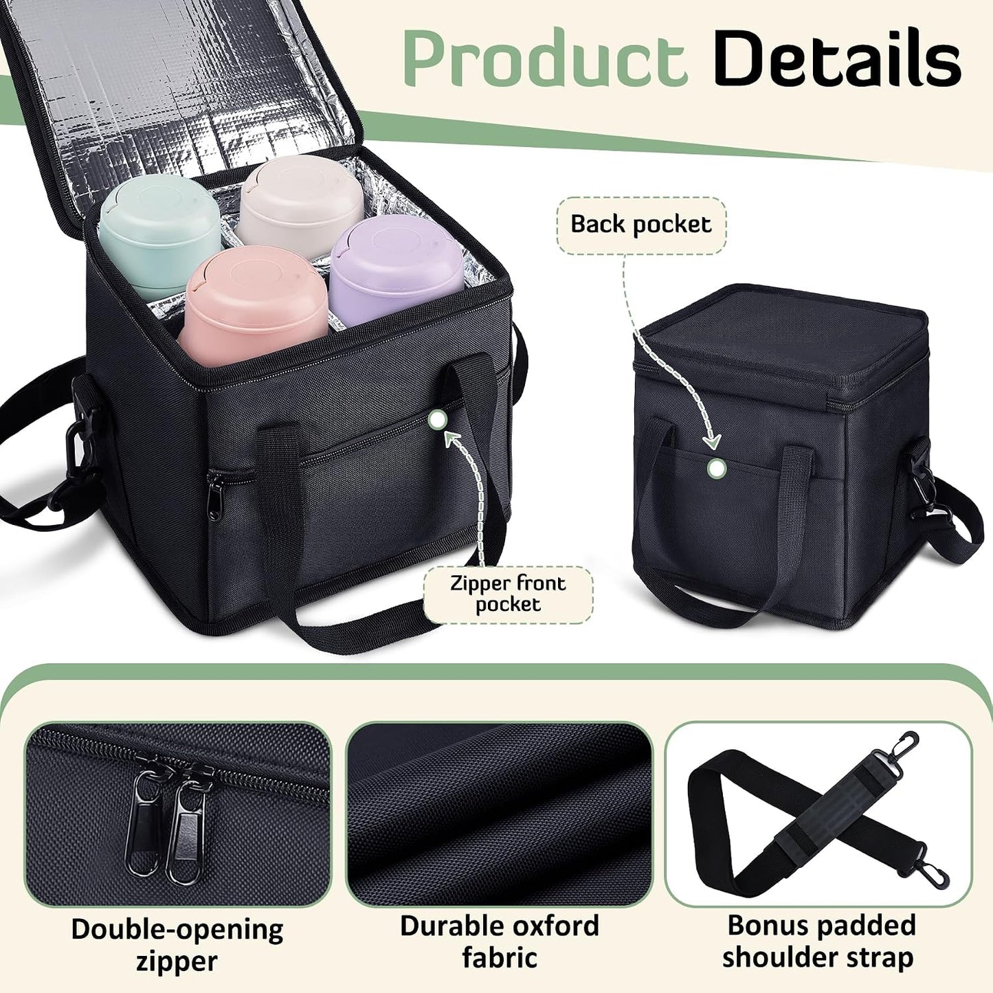 4 Cup Drink Carrier with Handle 8.94" L x 8.27" W x 9.49" H, Black | Insulated Anti-Tip Bottle Caddy, Cup Holder with Adjustable Sividers & Shoulder Strap, for Delivery, Car and Travel