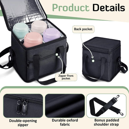 4 Cup Drink Carrier with Handle 8.94" L x 8.27" W x 9.49" H, Black | Insulated Anti-Tip Bottle Caddy, Cup Holder with Adjustable Sividers & Shoulder Strap, for Delivery, Car and Travel