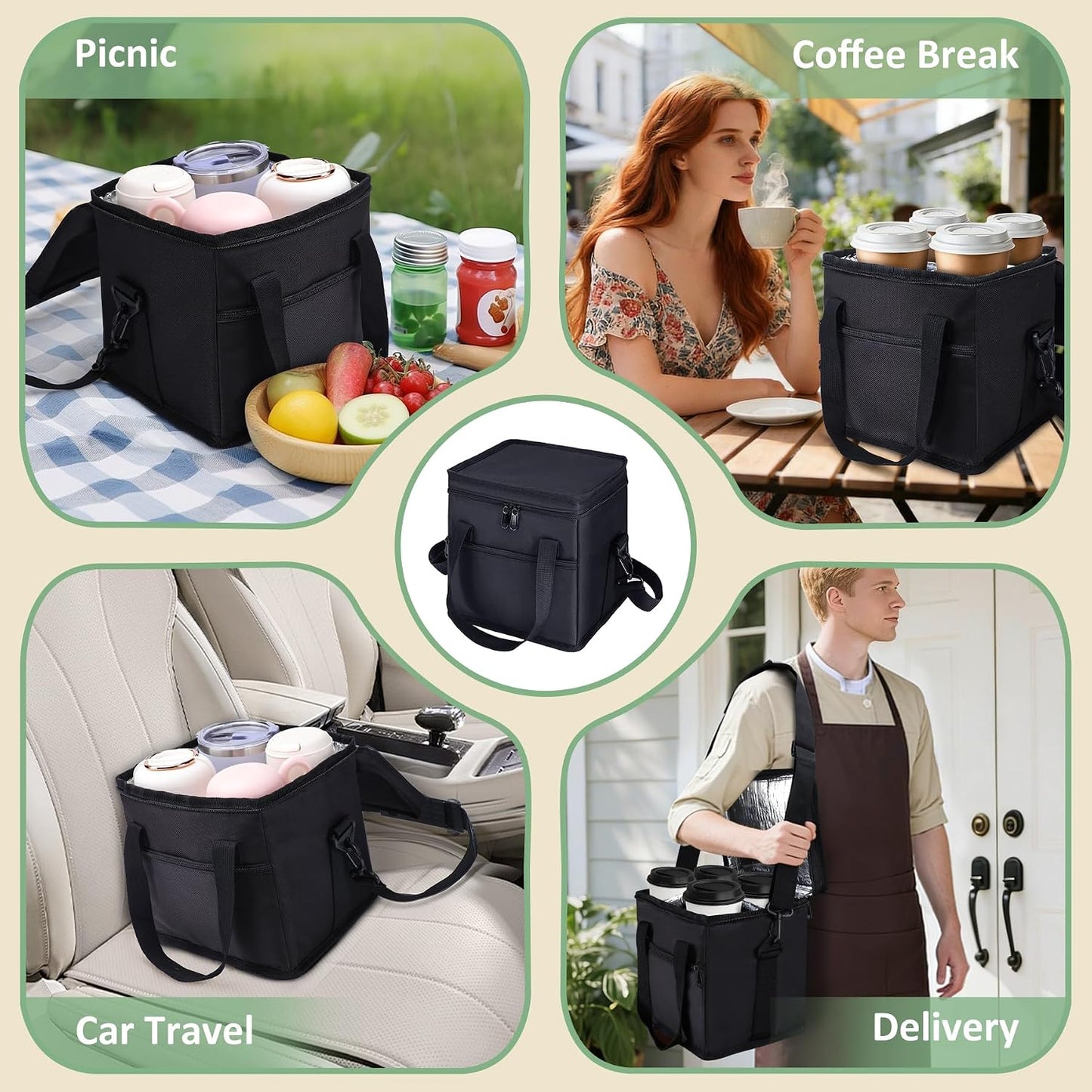 4 Cup Drink Carrier with Handle 8.94" L x 8.27" W x 9.49" H, Black | Insulated Anti-Tip Bottle Caddy, Cup Holder with Adjustable Sividers & Shoulder Strap, for Delivery, Car and Travel
