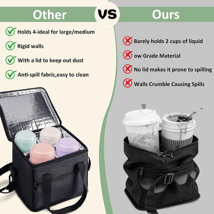 4 Cup Drink Carrier with Handle 8.94" L x 8.27" W x 9.49" H, Black | Insulated Anti-Tip Bottle Caddy, Cup Holder with Adjustable Sividers & Shoulder Strap, for Delivery, Car and Travel