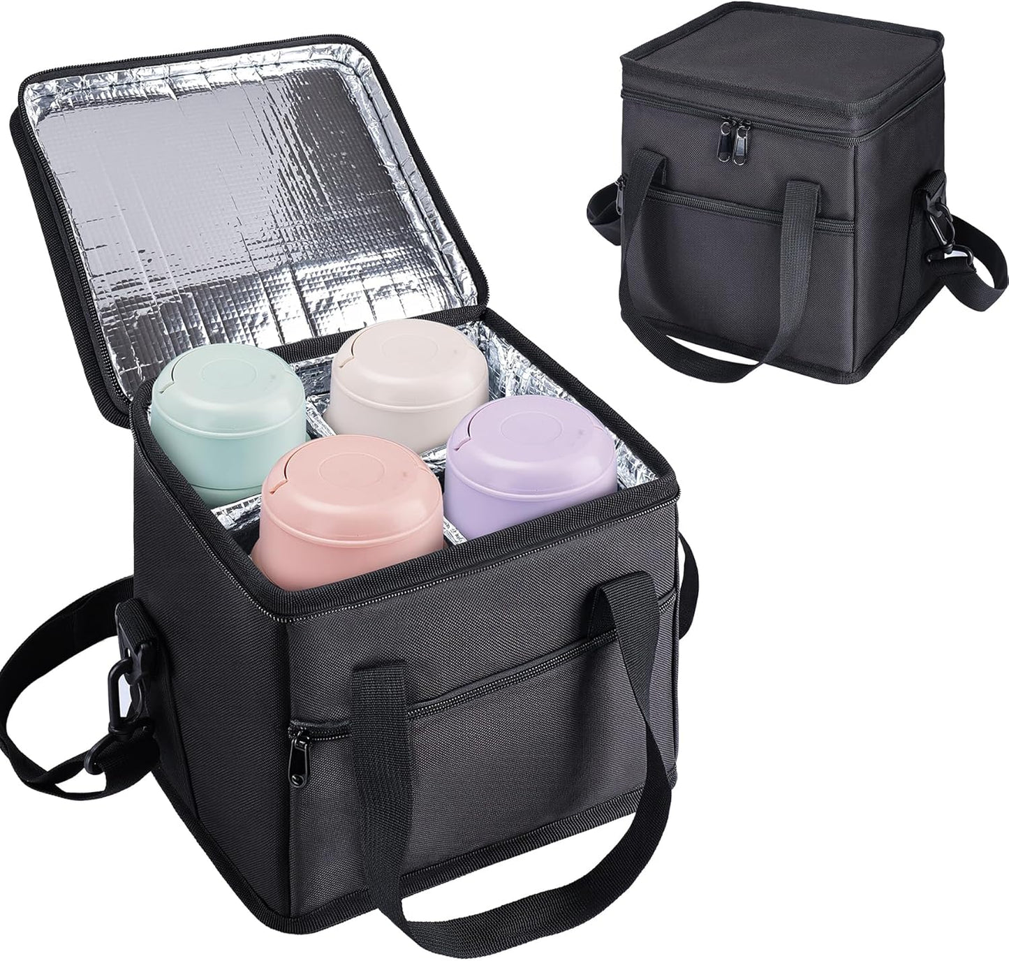 4 Cup Drink Carrier with Handle 8.94" L x 8.27" W x 9.49" H, Black | Insulated Anti-Tip Bottle Caddy, Cup Holder with Adjustable Sividers & Shoulder Strap, for Delivery, Car and Travel