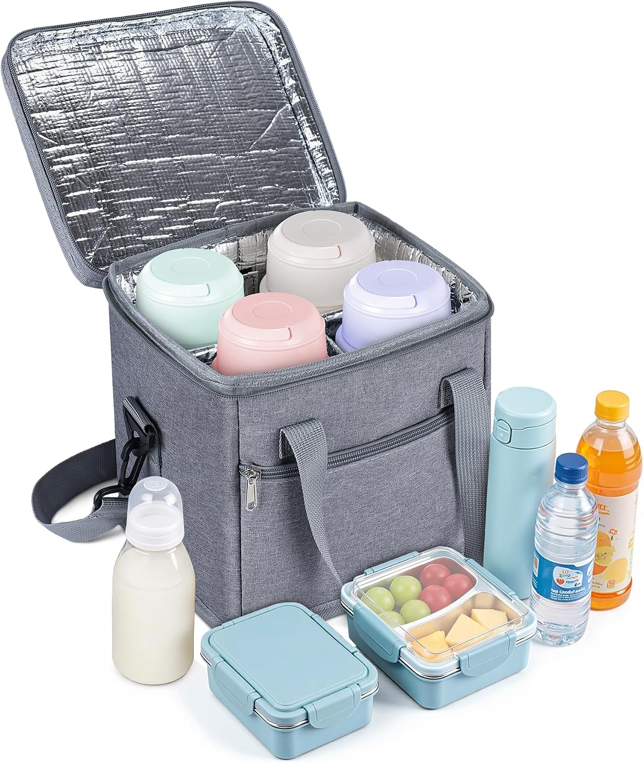 4 Cup Drink Carrier with Handle 8.94" L x 8.27" W x 9.49" H, Black | Insulated Anti-Tip Bottle Caddy, Cup Holder with Adjustable Sividers & Shoulder Strap, for Delivery, Car and Travel
