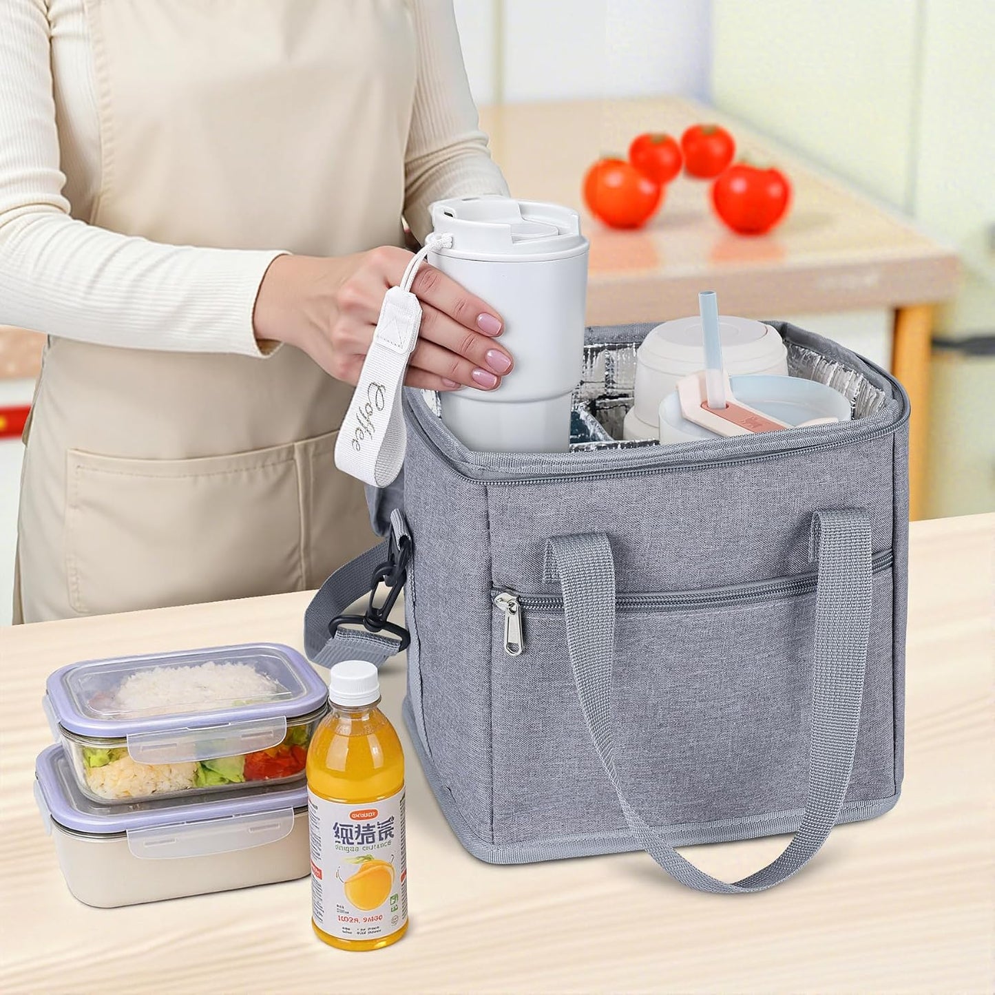 4 Cup Drink Carrier with Handle 8.94" L x 8.27" W x 9.49" H, Black | Insulated Anti-Tip Bottle Caddy, Cup Holder with Adjustable Sividers & Shoulder Strap, for Delivery, Car and Travel
