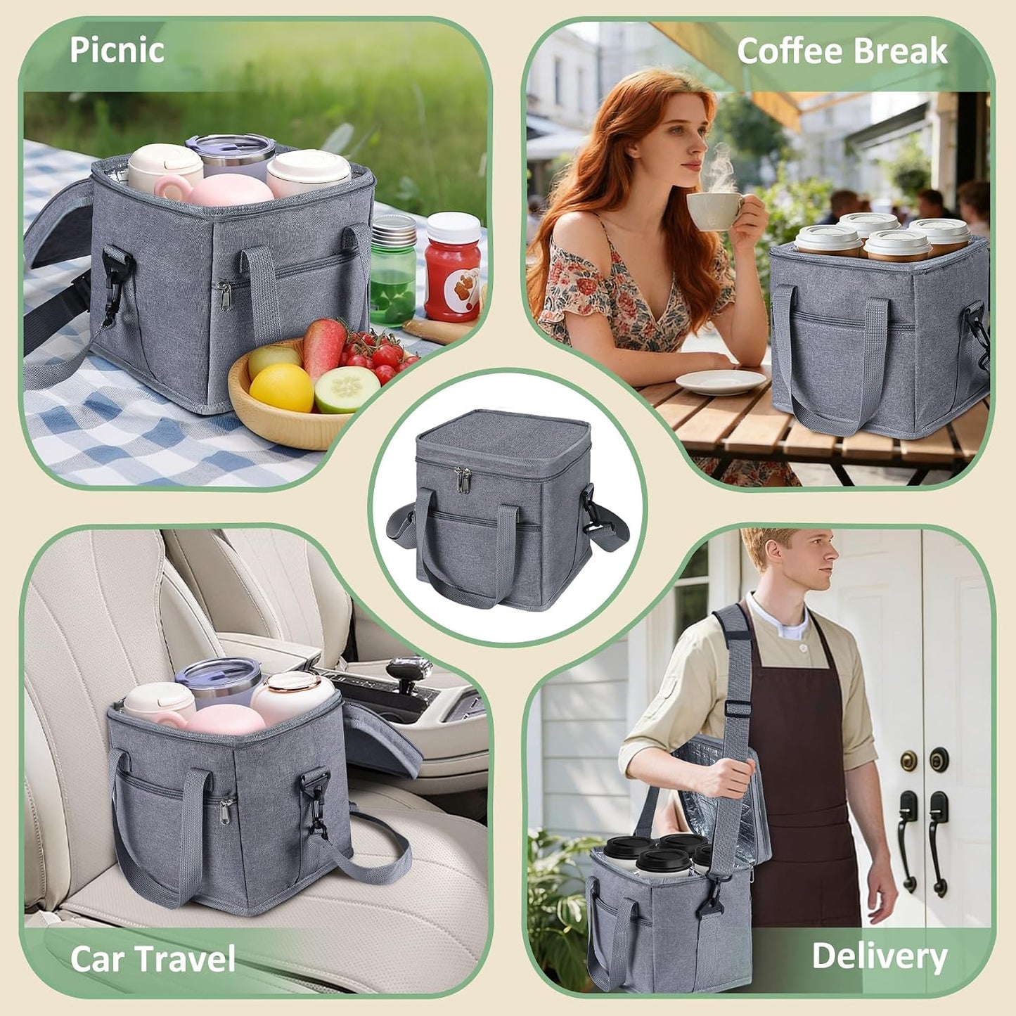 4 Cup Drink Carrier with Handle 8.94" L x 8.27" W x 9.49" H, Black | Insulated Anti-Tip Bottle Caddy, Cup Holder with Adjustable Sividers & Shoulder Strap, for Delivery, Car and Travel