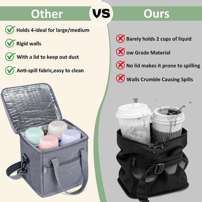 4 Cup Drink Carrier with Handle 8.94" L x 8.27" W x 9.49" H, Black | Insulated Anti-Tip Bottle Caddy, Cup Holder with Adjustable Sividers & Shoulder Strap, for Delivery, Car and Travel