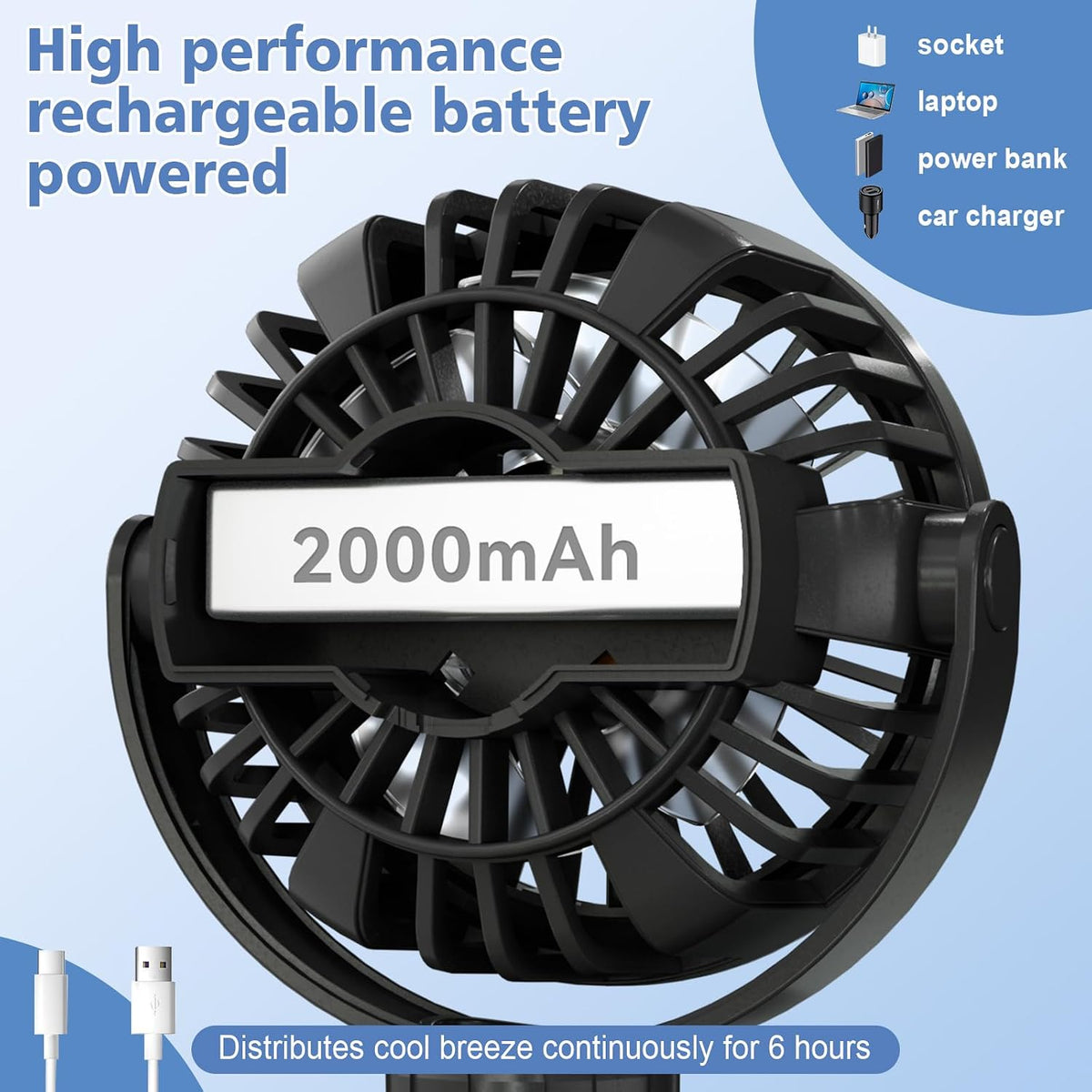 3 Speed Mini Rechargeable Baby Stroller Fan, Black