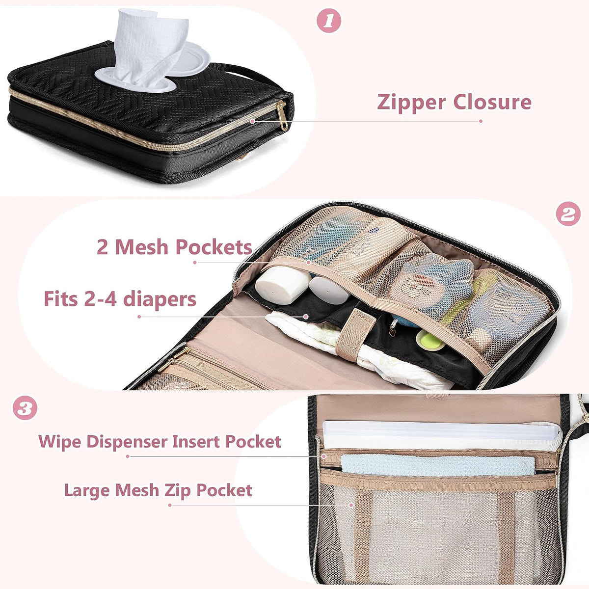 Diaper Clutch Bag with 2 Pieces Refillable Wipes Dispenser, Pink