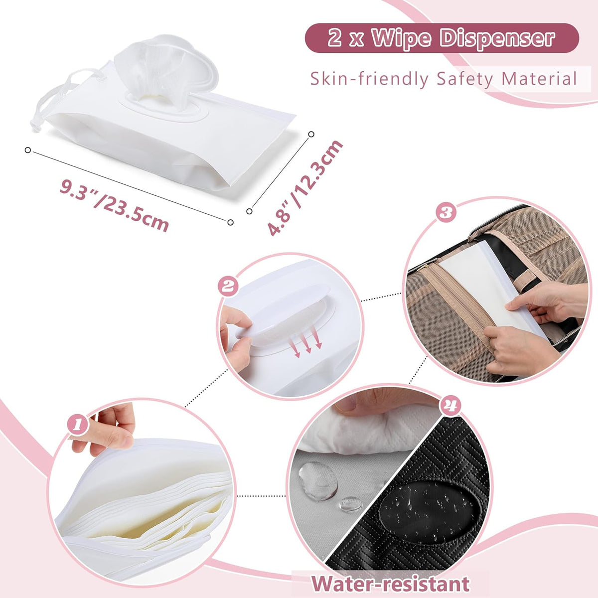 Diaper Clutch Bag with 2 Pieces Refillable Wipes Dispenser, Pink