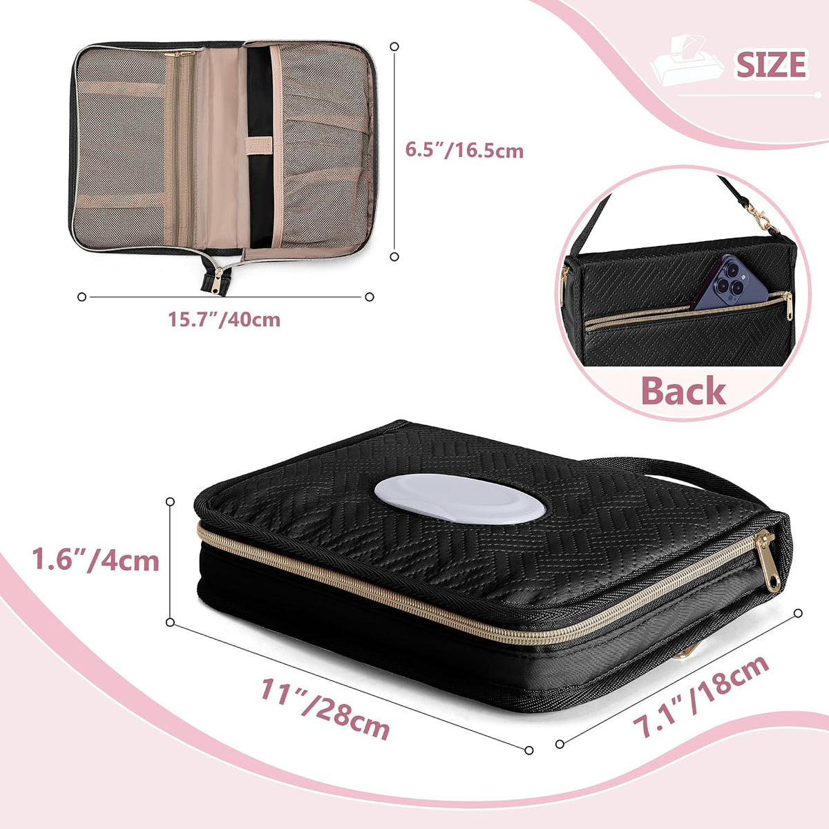 Diaper Clutch Bag with 2 Pieces Refillable Wipes Dispenser, Pink