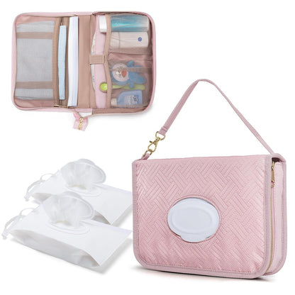 Diaper Clutch Bag with 2 Pieces Refillable Wipes Dispenser, Pink