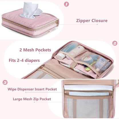 Diaper Clutch Bag with 2 Pieces Refillable Wipes Dispenser, Pink