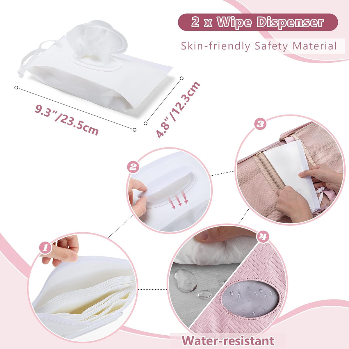 Diaper Clutch Bag with 2 Pieces Refillable Wipes Dispenser, Pink