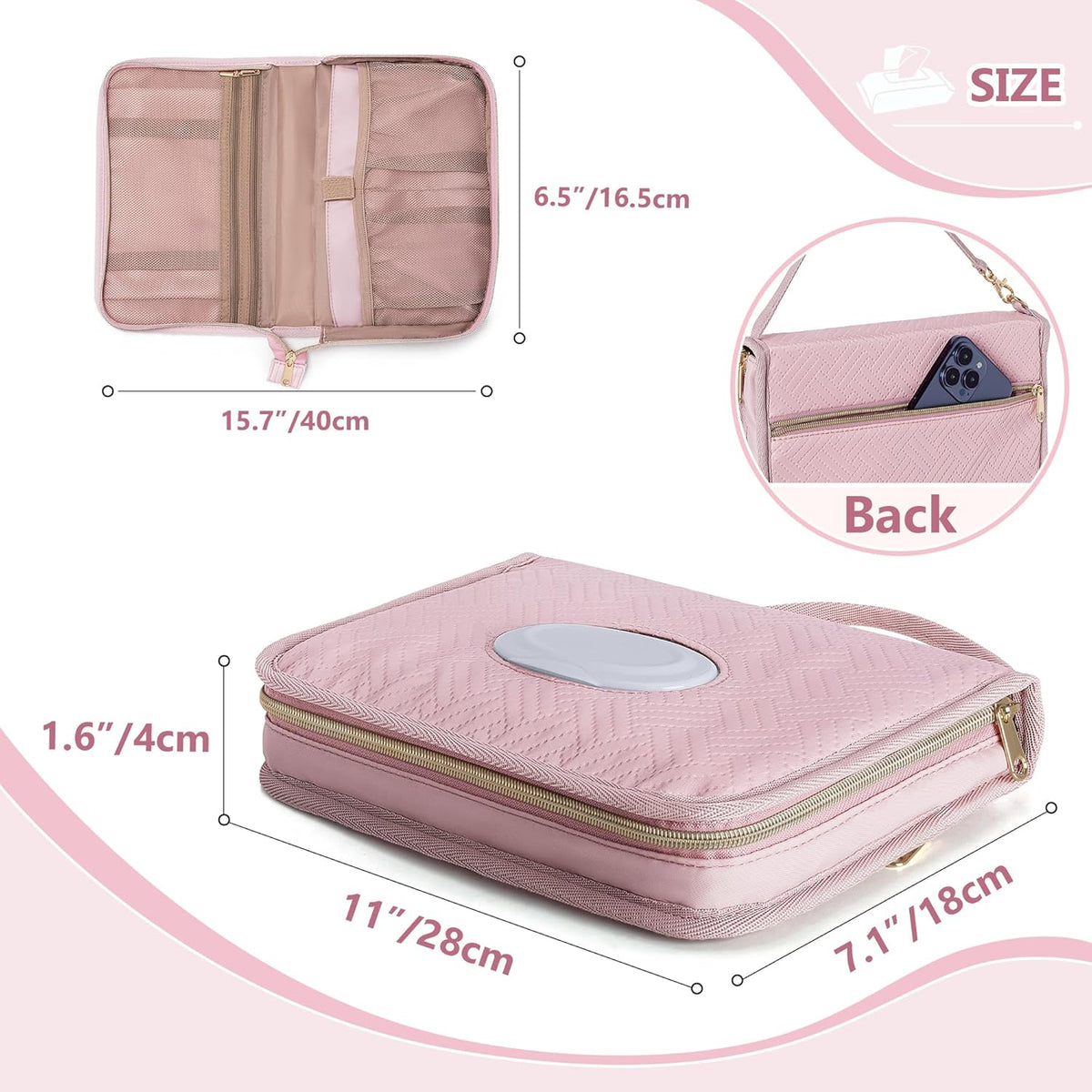 Diaper Clutch Bag with 2 Pieces Refillable Wipes Dispenser, Pink