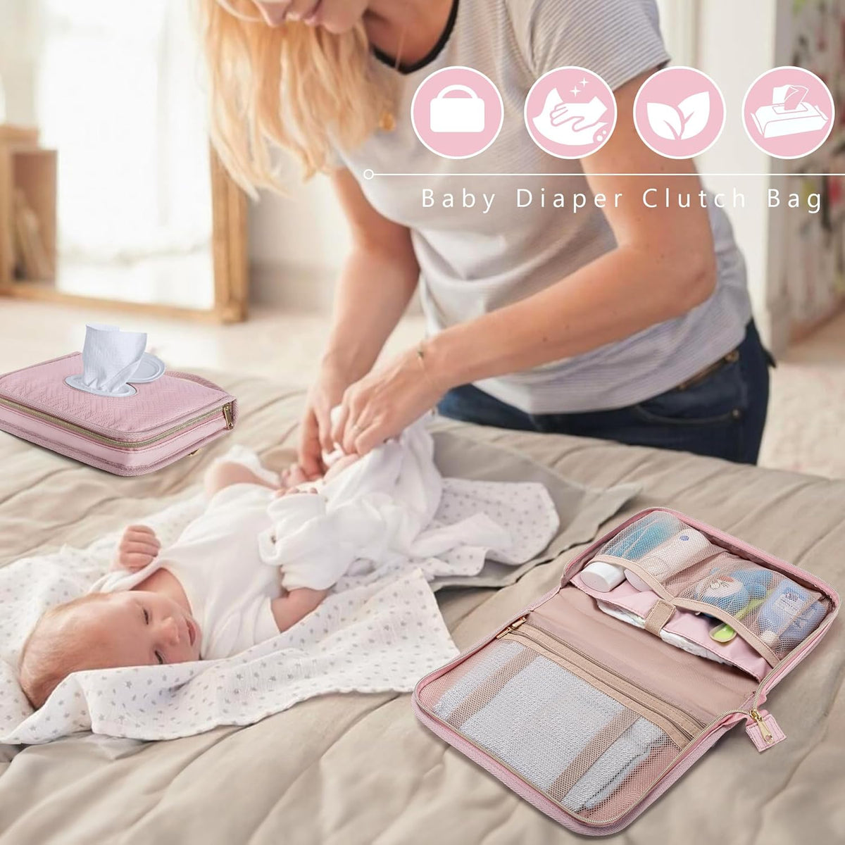 Diaper Clutch Bag with 2 Pieces Refillable Wipes Dispenser, Pink