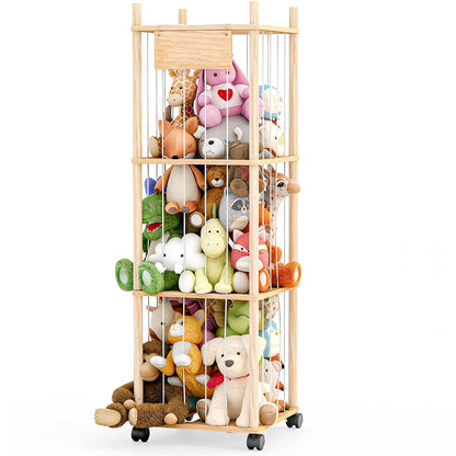 Stuffed Animal Storage, Wood Stuffed Animals Organizer Holder Zoo, Extra Large Capacity Stuff Storage with Elastic Band and Net for Nursery Kids Play Room Bedroom (Pine wood)
