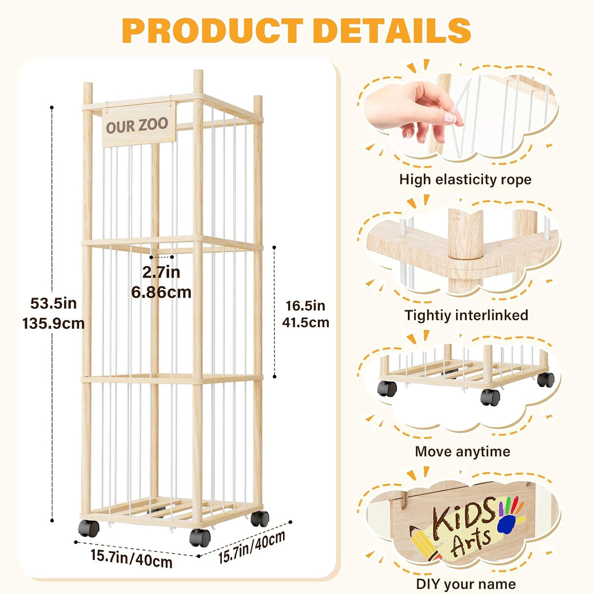 Stuffed Animal Storage, Wood Stuffed Animals Organizer Holder Zoo, Extra Large Capacity Stuff Storage with Elastic Band and Net for Nursery Kids Play Room Bedroom (Pine wood)
