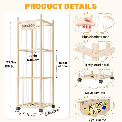 Stuffed Animal Storage, Wood Stuffed Animals Organizer Holder Zoo, Extra Large Capacity Stuff Storage with Elastic Band and Net for Nursery Kids Play Room Bedroom (Pine wood)