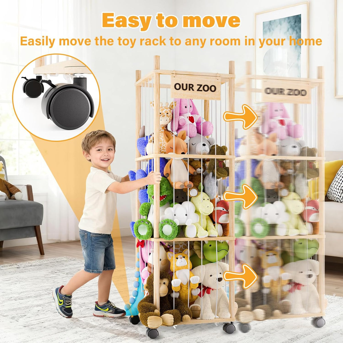 Stuffed Animal Storage, Wood Stuffed Animals Organizer Holder Zoo, Extra Large Capacity Stuff Storage with Elastic Band and Net for Nursery Kids Play Room Bedroom (Pine wood)