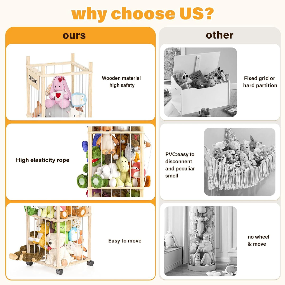 Stuffed Animal Storage, Wood Stuffed Animals Organizer Holder Zoo, Extra Large Capacity Stuff Storage with Elastic Band and Net for Nursery Kids Play Room Bedroom (Pine wood)