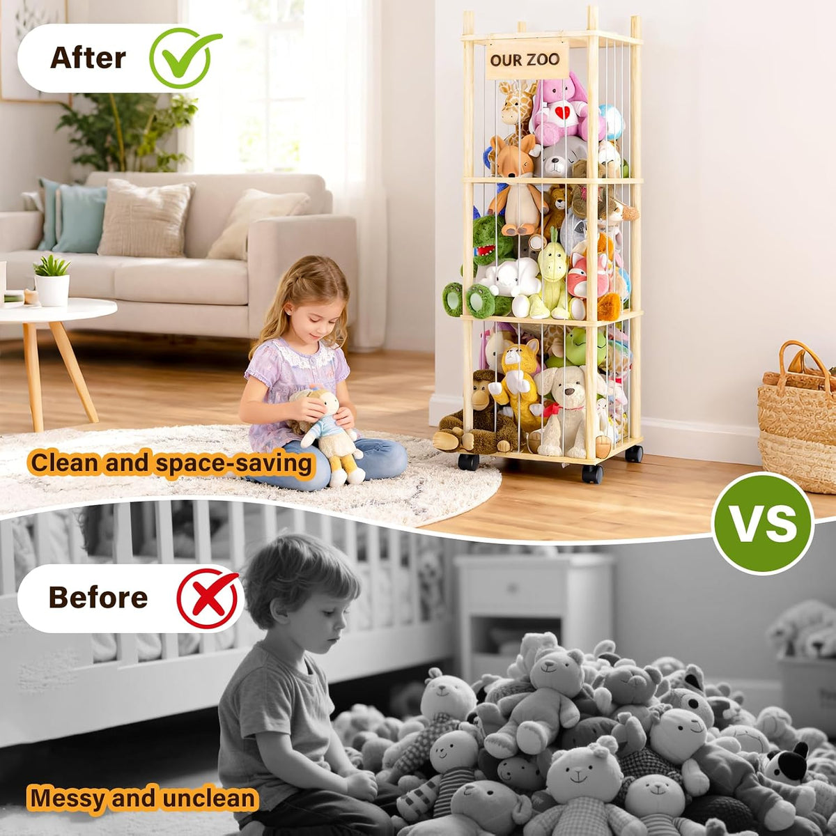 Stuffed Animal Storage, Wood Stuffed Animals Organizer Holder Zoo, Extra Large Capacity Stuff Storage with Elastic Band and Net for Nursery Kids Play Room Bedroom (Pine wood)