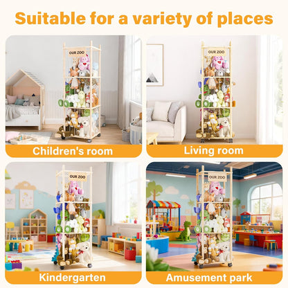 Stuffed Animal Storage, Wood Stuffed Animals Organizer Holder Zoo, Extra Large Capacity Stuff Storage with Elastic Band and Net for Nursery Kids Play Room Bedroom (Pine wood)