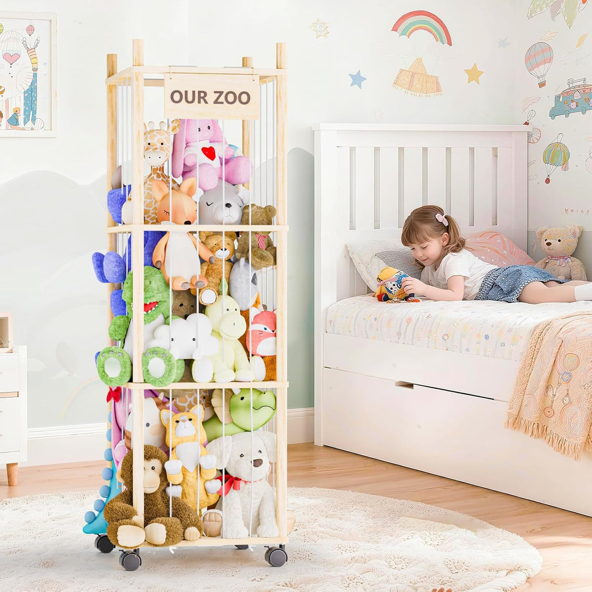Stuffed Animal Storage, Wood Stuffed Animals Organizer Holder Zoo, Extra Large Capacity Stuff Storage with Elastic Band and Net for Nursery Kids Play Room Bedroom (Pine wood)