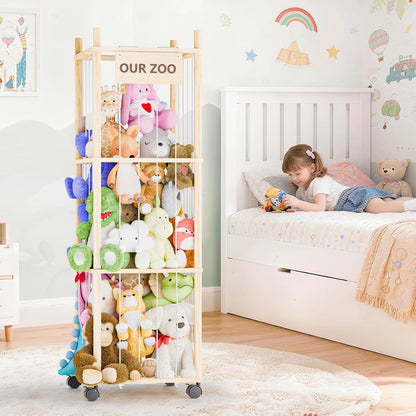 Stuffed Animal Storage, Wood Stuffed Animals Organizer Holder Zoo, Extra Large Capacity Stuff Storage with Elastic Band and Net for Nursery Kids Play Room Bedroom (Pine wood)