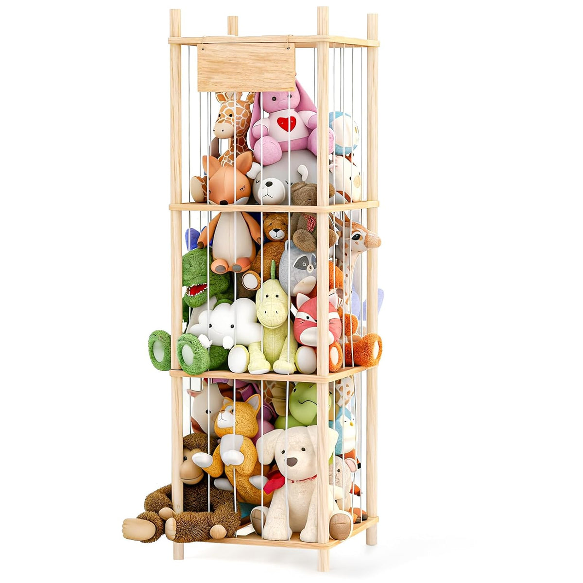 Stuffed Animal Storage, Wood Stuffed Animals Organizer Holder Zoo, Extra Large Capacity Stuff Storage with Elastic Band and Net for Nursery Kids Play Room Bedroom (Pine wood)