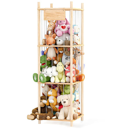 Stuffed Animal Storage, Wood Stuffed Animals Organizer Holder Zoo, Extra Large Capacity Stuff Storage with Elastic Band and Net for Nursery Kids Play Room Bedroom (Pine wood)