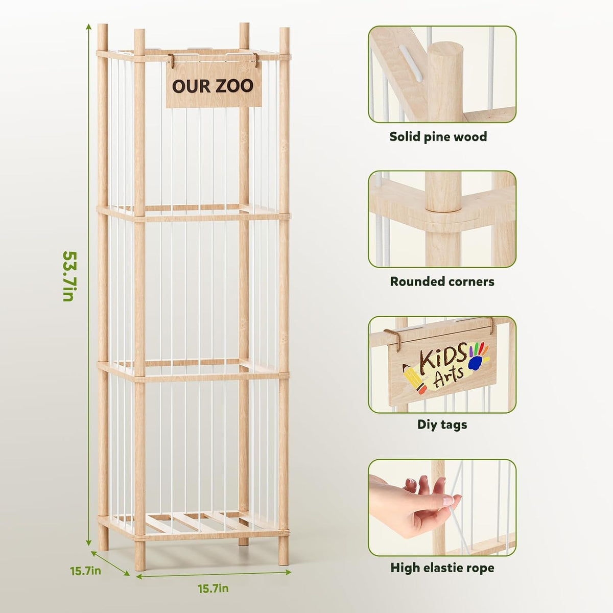 Stuffed Animal Storage, Wood Stuffed Animals Organizer Holder Zoo, Extra Large Capacity Stuff Storage with Elastic Band and Net for Nursery Kids Play Room Bedroom (Pine wood)
