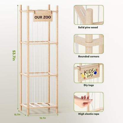 Stuffed Animal Storage, Wood Stuffed Animals Organizer Holder Zoo, Extra Large Capacity Stuff Storage with Elastic Band and Net for Nursery Kids Play Room Bedroom (Pine wood)
