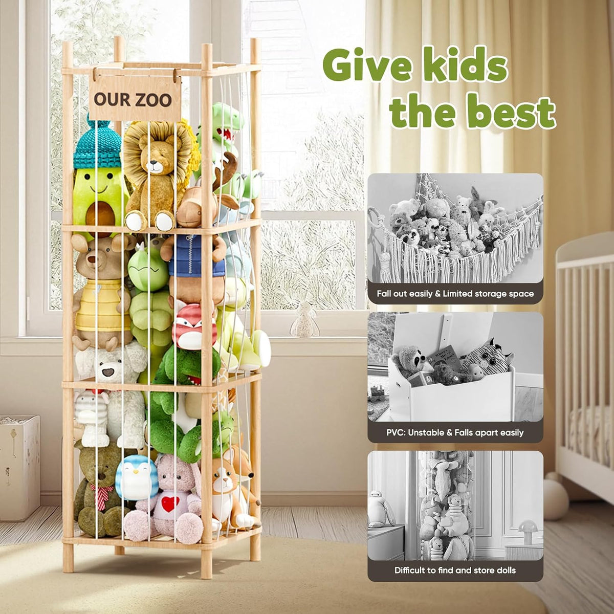 Stuffed Animal Storage, Wood Stuffed Animals Organizer Holder Zoo, Extra Large Capacity Stuff Storage with Elastic Band and Net for Nursery Kids Play Room Bedroom (Pine wood)