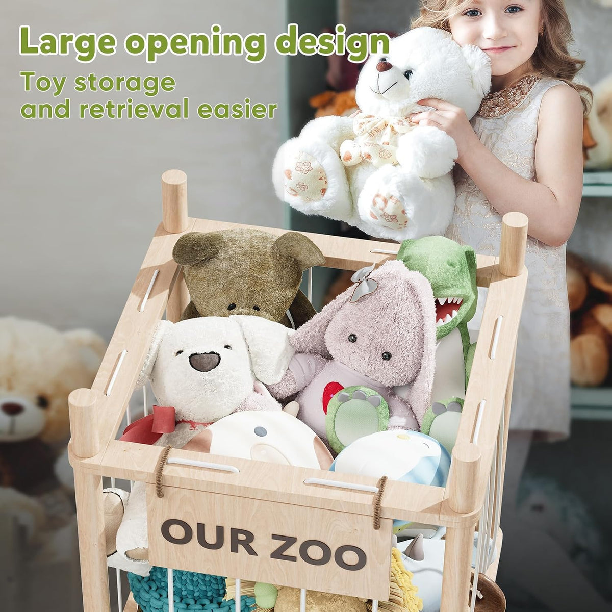 Stuffed Animal Storage, Wood Stuffed Animals Organizer Holder Zoo, Extra Large Capacity Stuff Storage with Elastic Band and Net for Nursery Kids Play Room Bedroom (Pine wood)