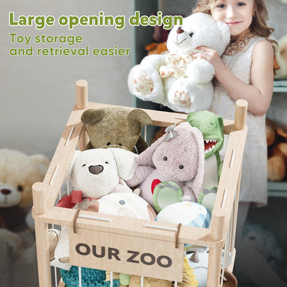 Stuffed Animal Storage, Wood Stuffed Animals Organizer Holder Zoo, Extra Large Capacity Stuff Storage with Elastic Band and Net for Nursery Kids Play Room Bedroom (Pine wood)