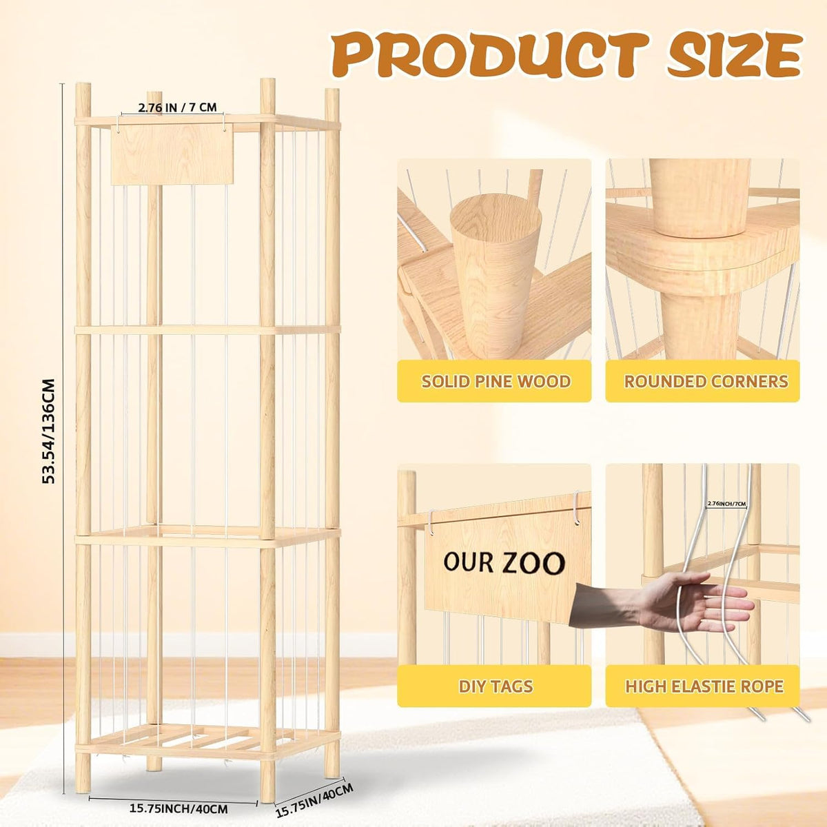 Stuffed Animal Storage, Wood Stuffed Animals Organizer Holder Zoo, Extra Large Capacity Stuff Storage with Elastic Band and Net for Nursery Kids Play Room Bedroom (Pine wood)