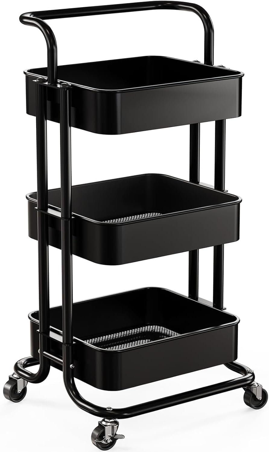 Metal 3 Tier Rolling Cart with Handle & 2 Lockable Wheels, Pink