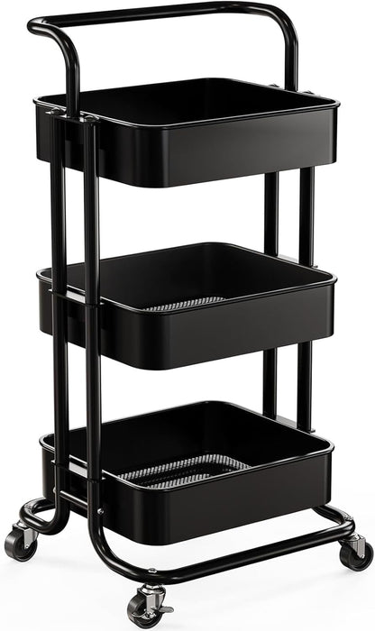 Metal 3 Tier Rolling Cart with Handle & 2 Lockable Wheels, Pink