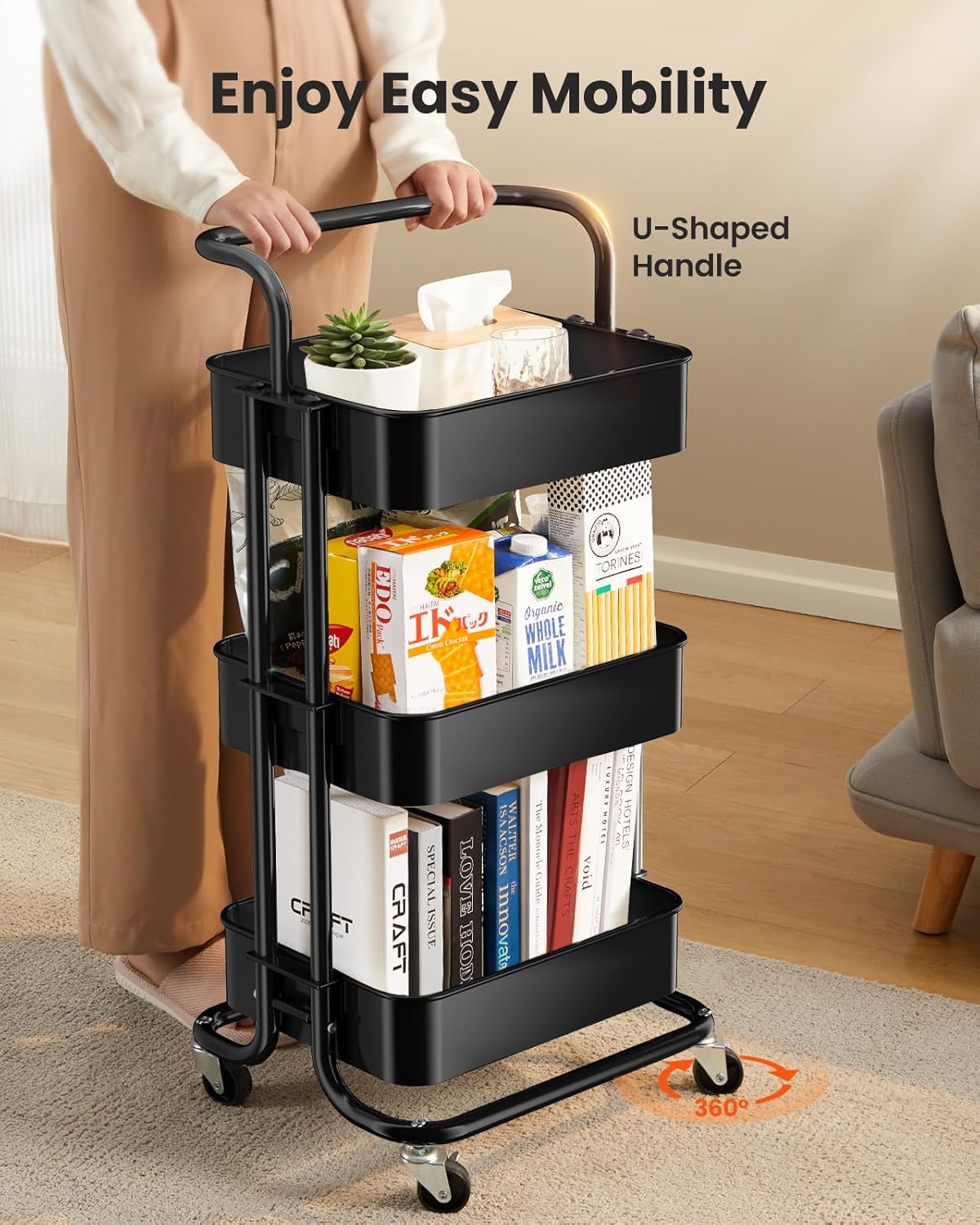 Metal 3 Tier Rolling Cart with Handle & 2 Lockable Wheels, Pink